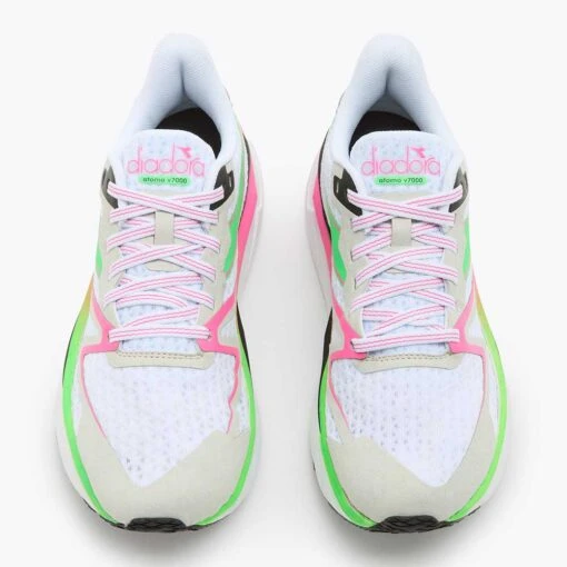 Diadora Women's Atomo V7000 Running Shoe - White/Green Fluo/Pink Fluo - Image 2